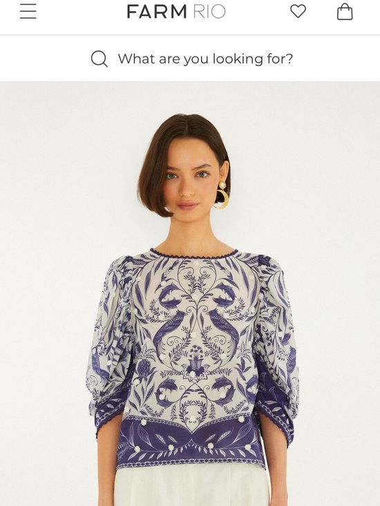 FARM Rio Tops - FARM Rio Blue and White Botanical Puff-Sleeve Top